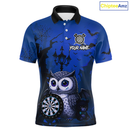 Personalized Blue Funny Owl Halloween Darts Shirt For Men Custom Pumpkin Darts Team Jersey TDM7265