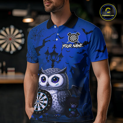 Personalized Blue Funny Owl Halloween Darts Shirt For Men Custom Pumpkin Darts Team Jersey TDM7265