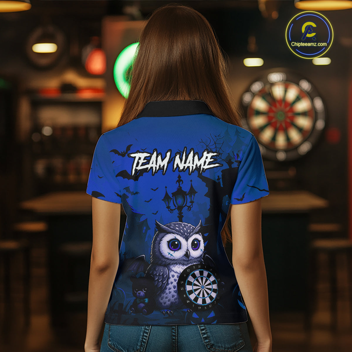 Personalized Blue Funny Owl Halloween Darts Shirt For Women Custom Pumpkin Darts Team Jersey TDM7265