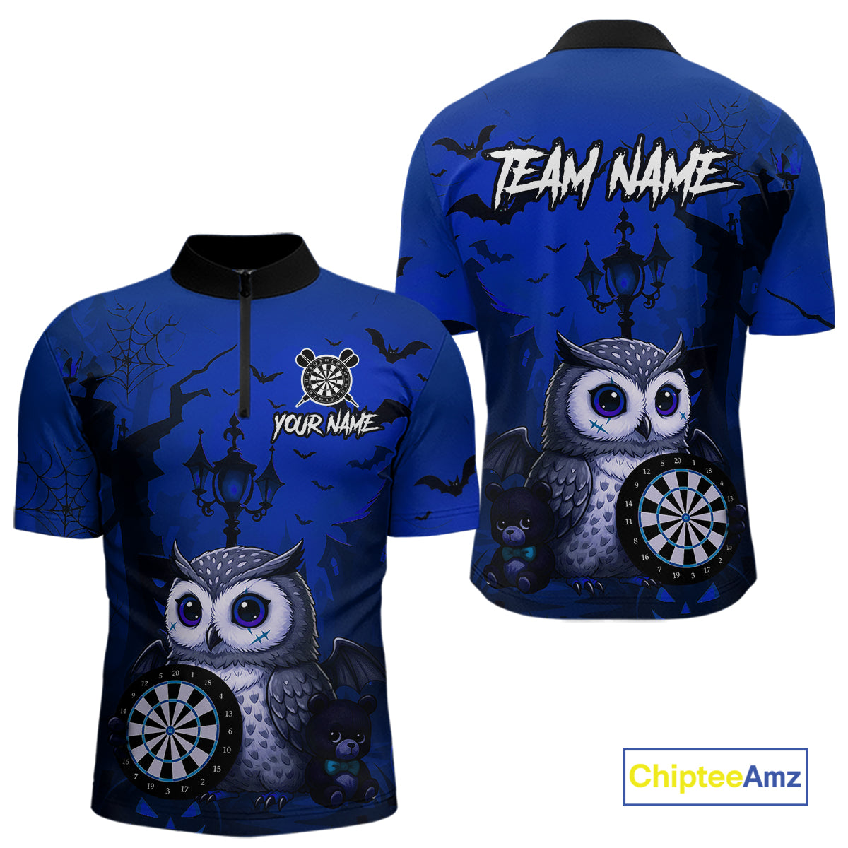 Personalized Blue Funny Owl Halloween Darts Shirt For Men Custom Pumpkin Darts Team Jersey TDM7265
