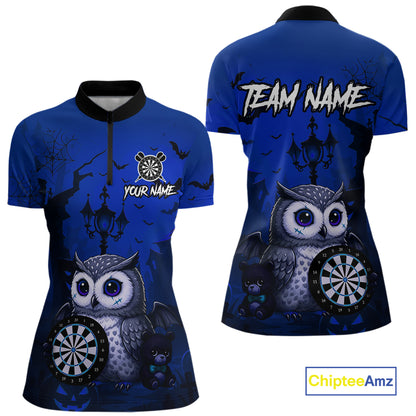 Personalized Blue Funny Owl Halloween Darts Shirt For Women Custom Pumpkin Darts Team Jersey TDM7265