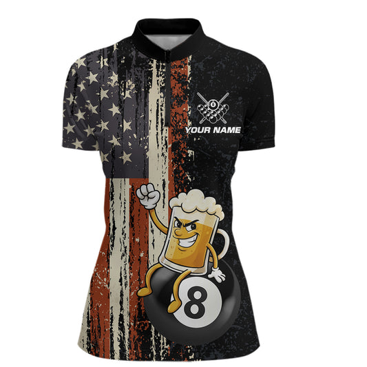 Vintage US Flag Funny Beer 8 Ball Billiard Shirt For Women Custom Pool Team Jersey Polo & 1/4 Zip TDM5948