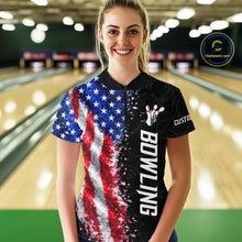 Load image into Gallery viewer, Woman wearing an American flag bowling quarter zip jersey during league competition front view.