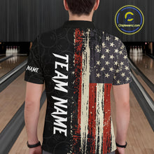 Load image into Gallery viewer, Back view of man wearing a vintage American flag bowling polo shirt inside a bowling alley.
