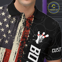 Load image into Gallery viewer, Close-up of a vintage American flag bowling polo shirt collar, buttons, and patriotic artwork details.
