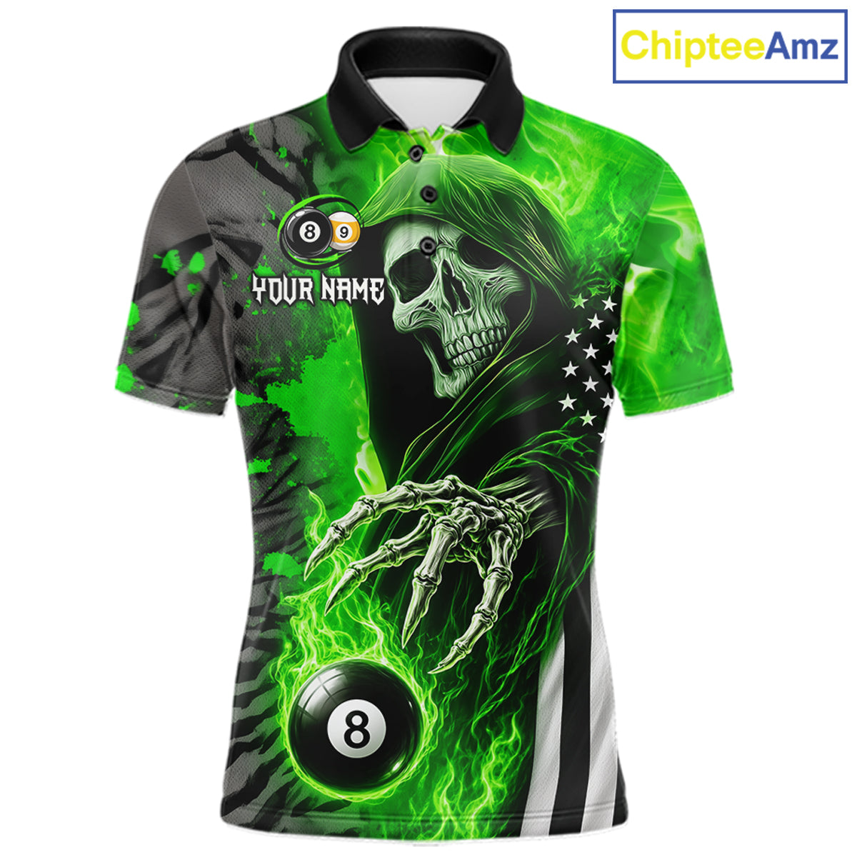 Personalized Green Flame Grim Reaper US Flag 8 Ball 9 Ball Billiard Polo Shirt with Custom Pool Team Design
