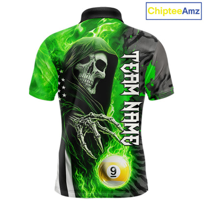 Green Flame Grim Reaper US Flag 8 Ball 9 Ball Custom Polo Shirt for Competitive Pool League Players