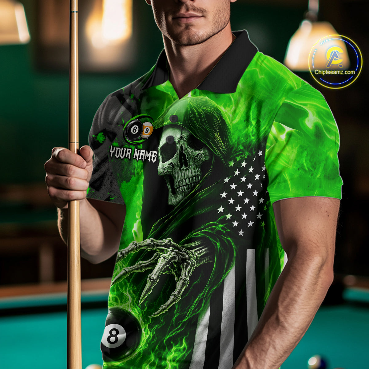 Front View of a Man Wearing Personalized Green Flame Grim Reaper US Flag 8 Ball 9 Ball Billiard Shirt