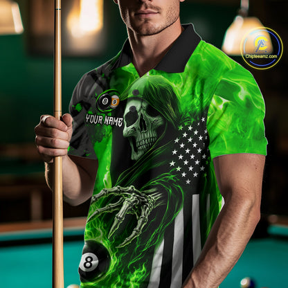 Front View of a Man Wearing Personalized Green Flame Grim Reaper US Flag 8 Ball 9 Ball Billiard Shirt