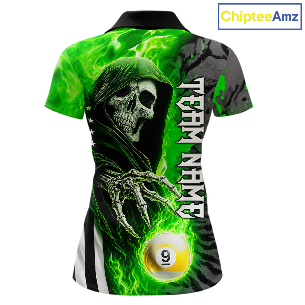 Custom Green Flame Grim Reaper US Flag 8 Ball 9 Ball Pool Polo Shirt Designed for Personalized Women's Billiard Team Jerseys and Tournament Play