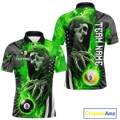 Personalized Green Flame Grim Reaper US Flag 8 Ball 9 Ball Billiard Polo Shirt with Custom Pool Team Design