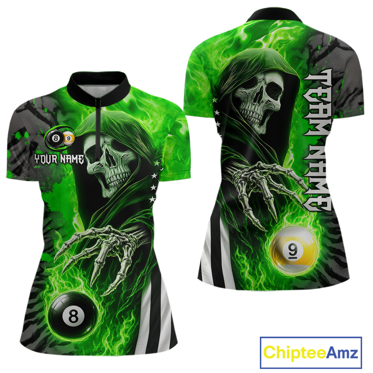 Personalized Green Flame Grim Reaper US Flag 8 Ball 9 Ball Quarter Zip Billiard Shirt for Women's Pool League Teams with Athletic Performance Style
