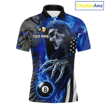 Personalized Blue Flame Grim Reaper US Flag 8 Ball 9 Ball Billiard Polo Shirt Design for Custom Pool Team Players