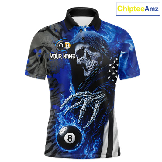 Personalized Blue Flame Grim Reaper US Flag 8 Ball 9 Ball Billiard Polo Shirt Design for Custom Pool Team Players