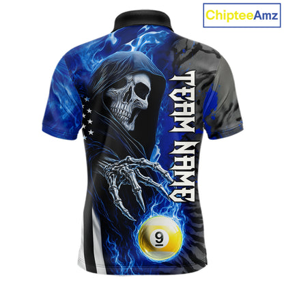 Custom Blue Flame Grim Reaper US Flag 8 Ball 9 Ball Pool Polo Shirt for League Billiard Team Jersey