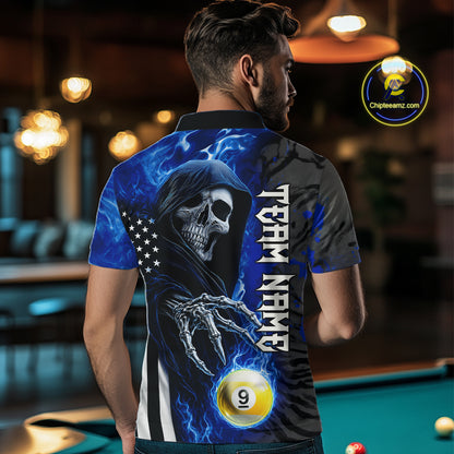 Personalized Blue Flame Grim Reaper US Flag 8 Ball 9 Ball Billiard Polo Shirt Worn by a Man, Back View
