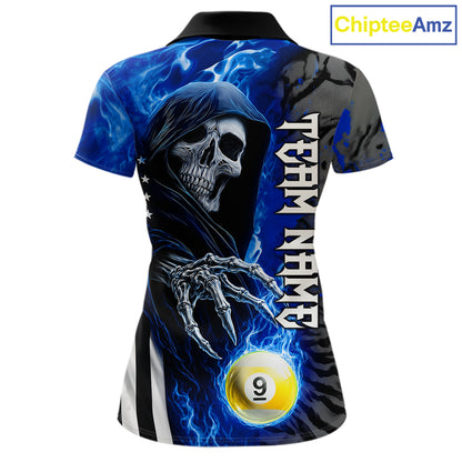 Custom Blue Flame Grim Reaper US Flag 8 Ball 9 Ball Pool Polo Shirt Designed for Personalized Women's Billiard Team Jerseys and Tournament Events