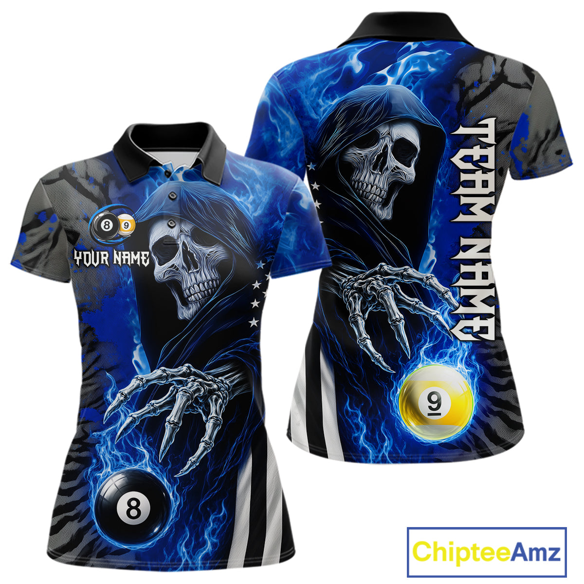 Personalized Blue Flame Grim Reaper US Flag 8 Ball 9 Ball Billiard Polo Shirt Featuring a Patriotic Custom Design for Women's Pool League Players and Team Competition