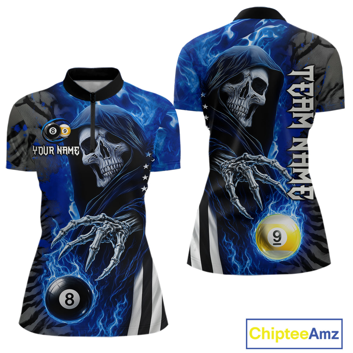 Personalized Blue Flame Grim Reaper US Flag 8 Ball 9 Ball Quarter Zip Billiard Shirt for Women's Pool League Teams with Custom Athletic Style