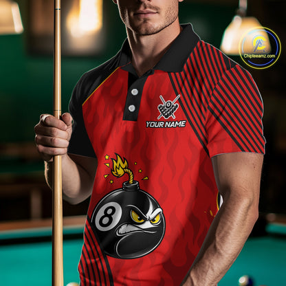Man Wearing Personalized Red Funny 8 Ball Bomb Billiard Polo Shirt with Comfortable Athletic Fit and Eye Catching Graphic Design, Front View