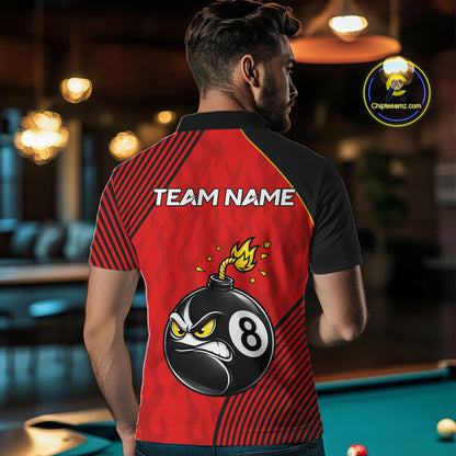 Man Wearing Personalized Red Funny 8 Ball Bomb Custom Pool Team Jersey Featuring the Complete Rear Artwork and Personalized Design, Back View