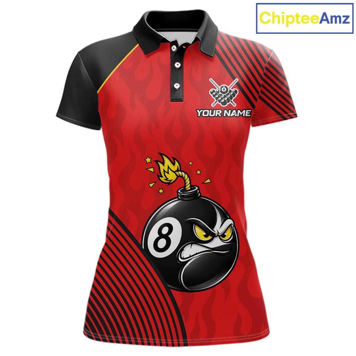 Personalized Red Funny 8 Ball Bomb Billiard Polo Shirt Featuring a Fun Custom Design for Pool League Players, Team Competition, and Billiard Gift Ideas