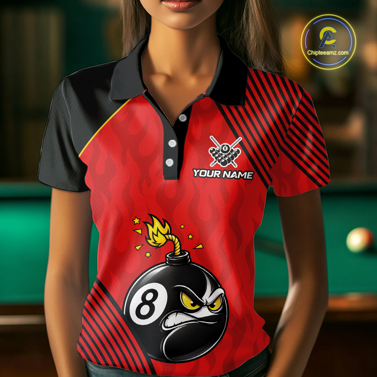 Woman Wearing Personalized Red Funny 8 Ball Bomb Billiard Polo Shirt with Comfortable Athletic Fit and Eye Catching Graphic Design, Front View