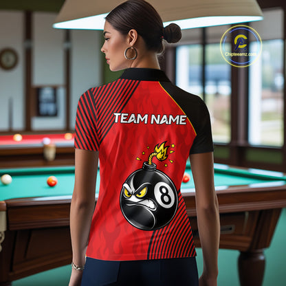Woman Wearing Personalized Red Funny 8 Ball Bomb Custom Pool Team Jersey Featuring the Complete Rear Artwork and Personalized Details, Back View