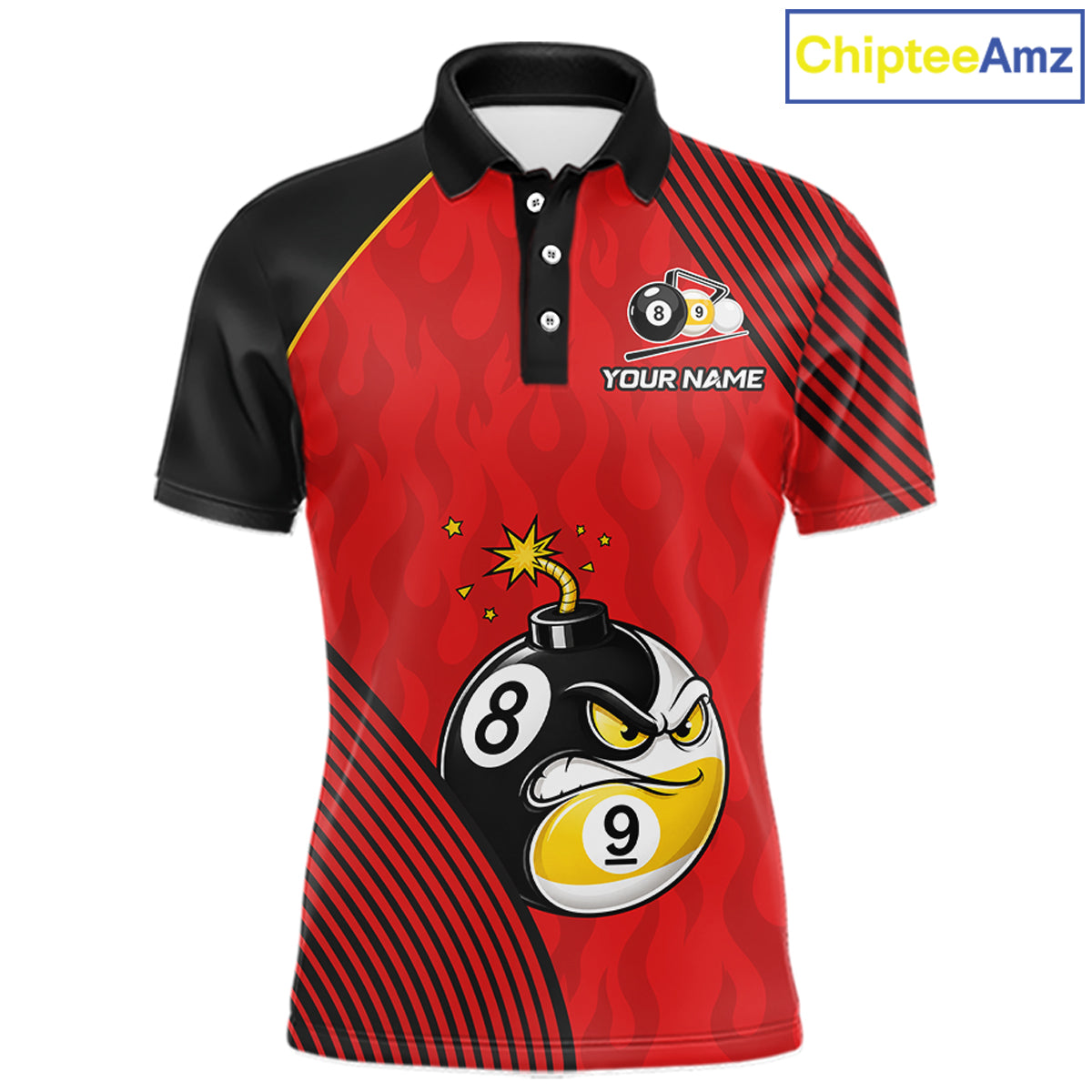 Personalized Red Funny 8 Ball 9 Ball Pool Bomb Billiard Polo Shirt Featuring a Bold Custom Design for Pool League Players, Team Competition, and Tournament Events