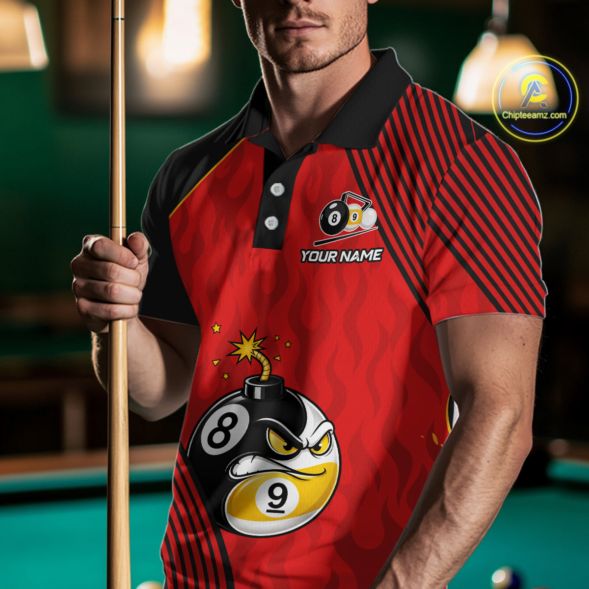 Man Wearing Personalized Red Funny 8 Ball 9 Ball Pool Bomb Billiard Polo Shirt with Premium Athletic Fit and Vibrant Custom Artwork, Front View