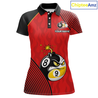 Personalized Red Funny 8 Ball 9 Ball Pool Bomb Billiard Polo Shirt Featuring a Bold Custom Design for Pool League Players, Team Competition, and Tournament Events