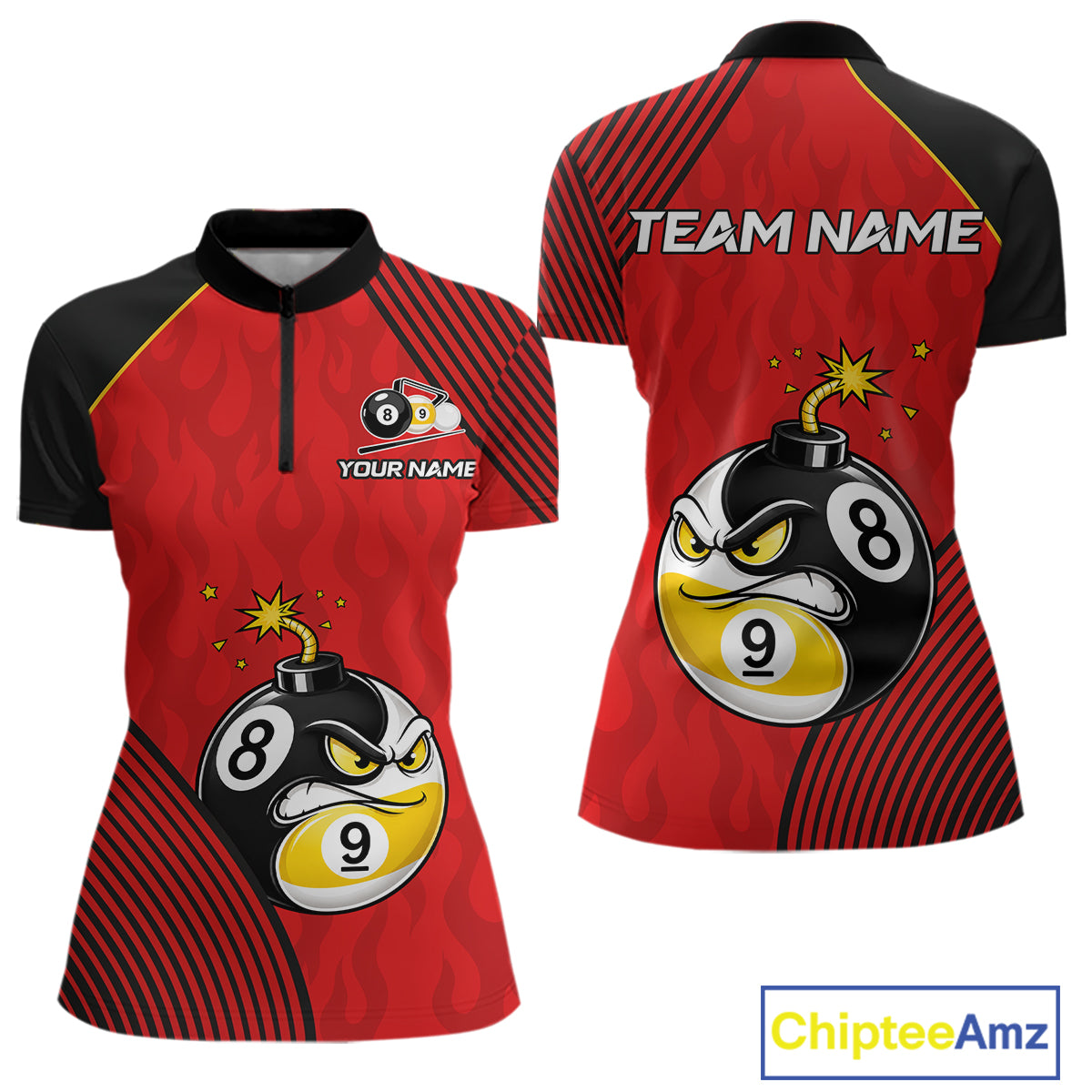 Personalized Red Funny 8 Ball 9 Ball Pool Bomb Quarter Zip Billiard Shirt Created for Pool League Teams with Custom Performance Jersey Design