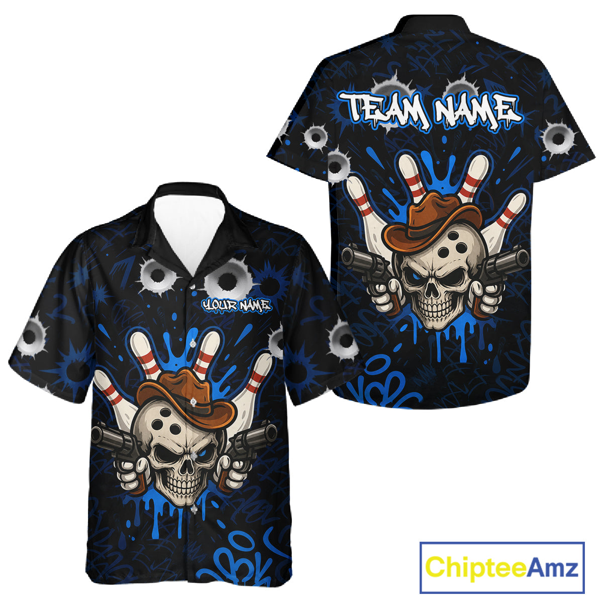 Black and blue funny cowboy skull bowling Hawaiian shirt featuring a cowboy skull and bowling design, premium custom bowling league team shirt.