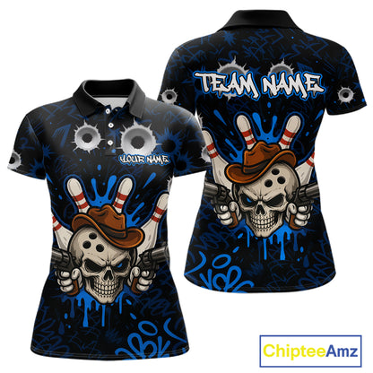 Black and blue funny cowboy skull bowling team jersey polo shirt for women featuring a cowboy skull bowling design, premium custom bowling league apparel for tournaments and team play.