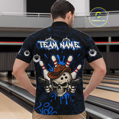 Man wearing black and blue funny cowboy skull bowling team jersey quarter zip shirt featuring cowboy skull artwork, back view.