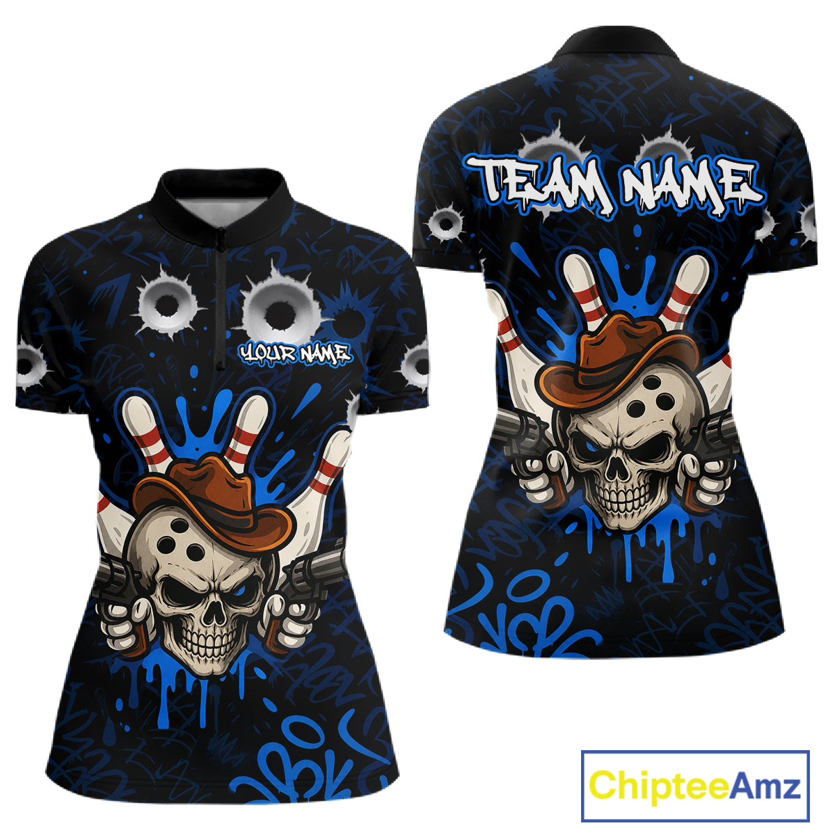 Black and blue funny cowboy skull bowling team jersey quarter zip shirt for women featuring bold cowboy skull bowling artwork, premium custom bowling league apparel.