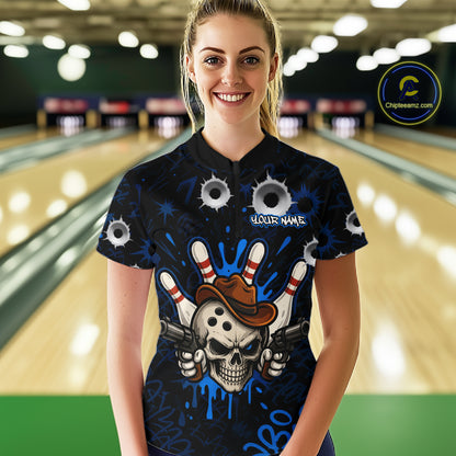 Woman wearing black and blue funny cowboy skull bowling team jersey quarter zip shirt featuring cowboy skull artwork, front view.
