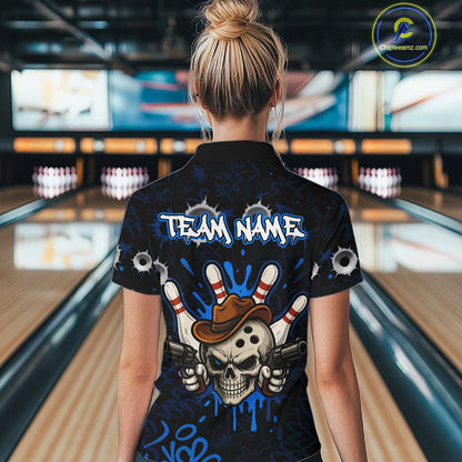Woman wearing black and blue funny cowboy skull bowling team jersey polo shirt featuring cowboy skull artwork, back view.