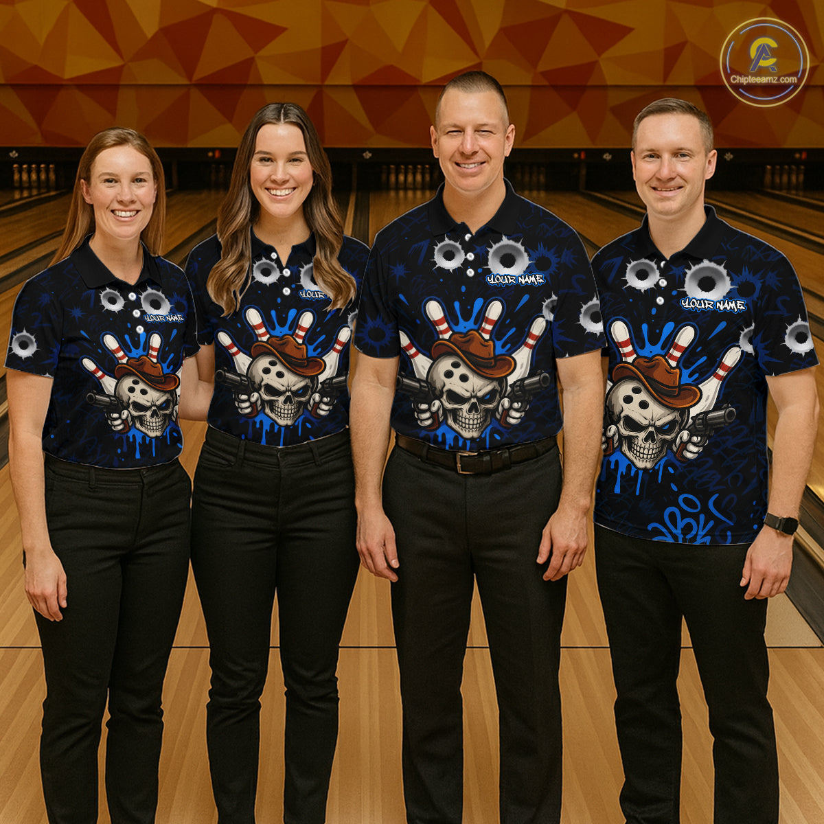 Bowling team wearing matching black and blue funny cowboy skull bowling team jerseys, front view.