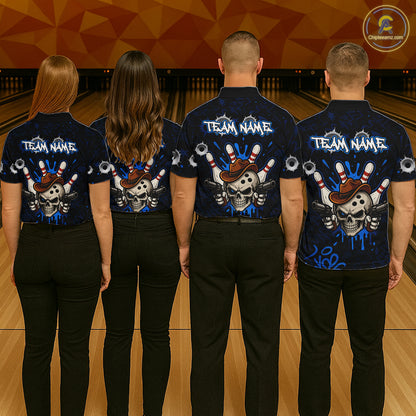 Bowling team wearing matching black and blue funny cowboy skull bowling team jerseys, back view.