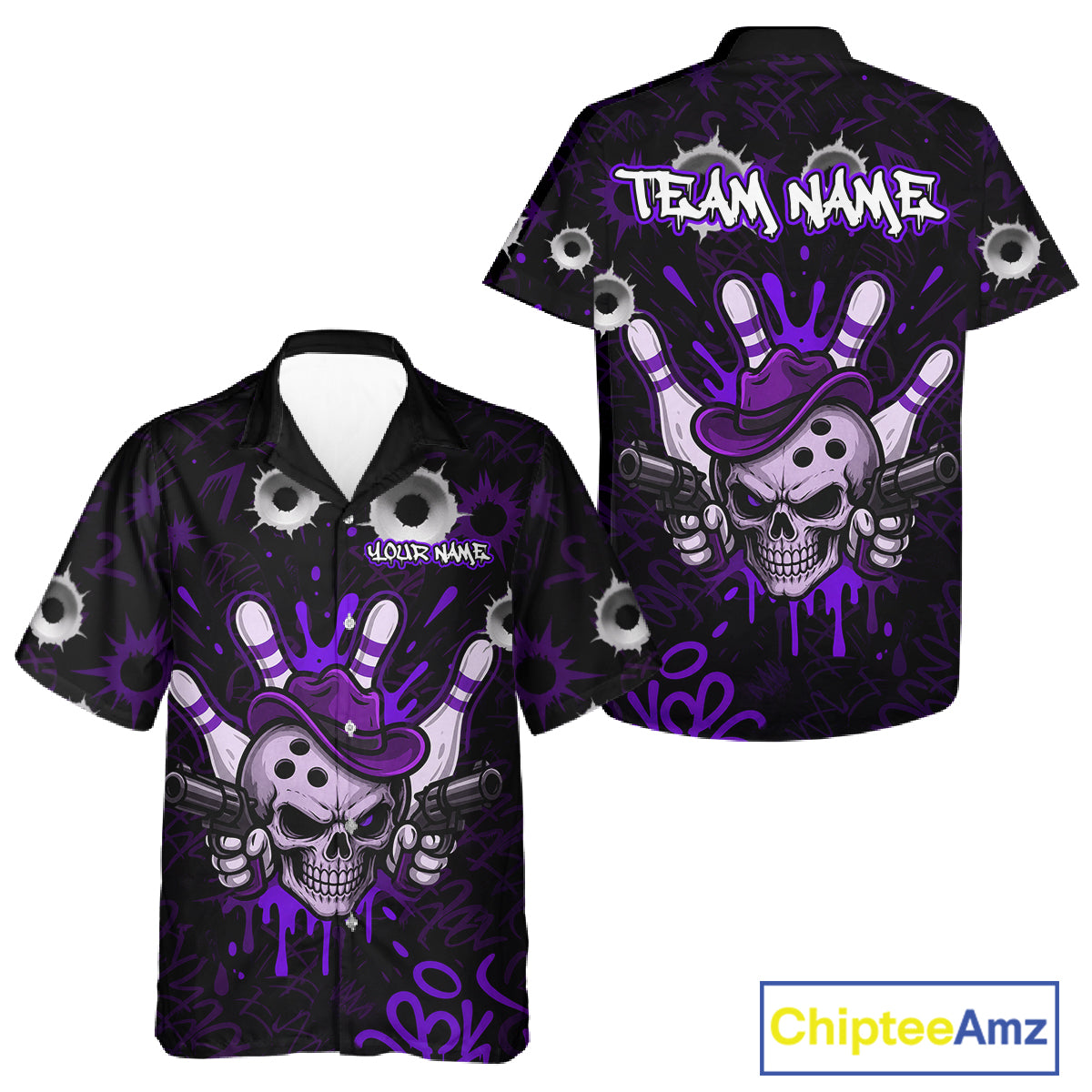 Black and purple funny cowboy skull bowling Hawaiian shirt featuring a cowboy skull and bowling design, premium custom bowling league team shirt.
