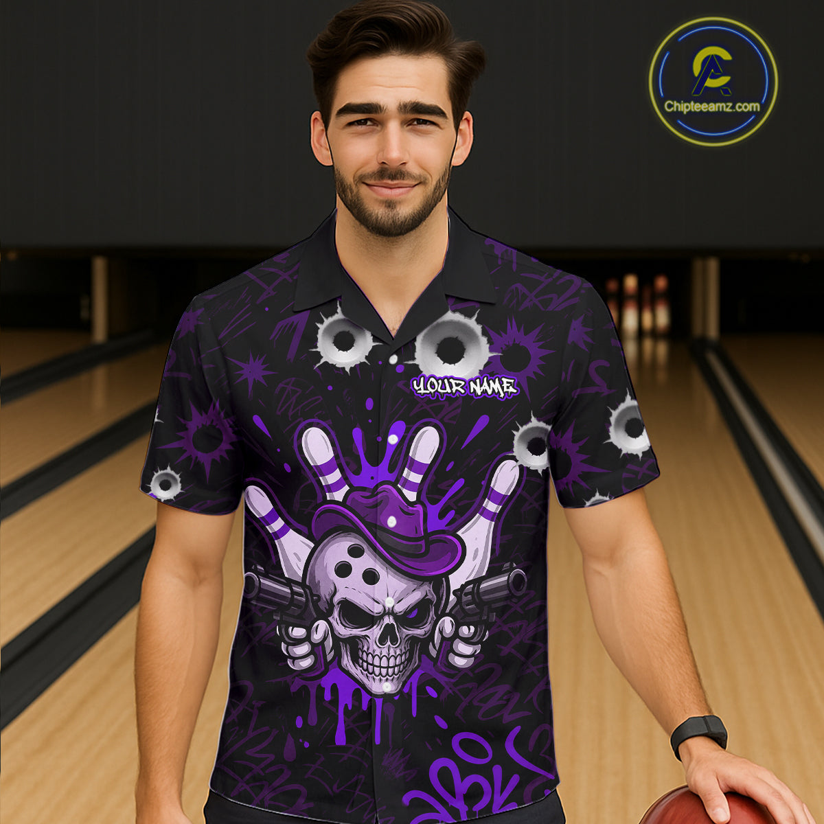 Man wearing black and purple funny cowboy skull bowling Hawaiian shirt featuring cowboy skull artwork, front view.
