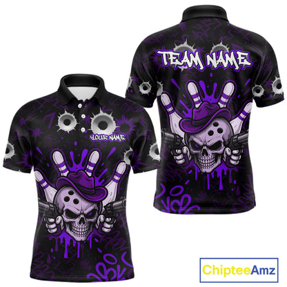 Black and purple funny cowboy skull bowling team jersey polo shirt for men featuring a cowboy skull bowling design, premium custom bowling league apparel for tournaments and team play.