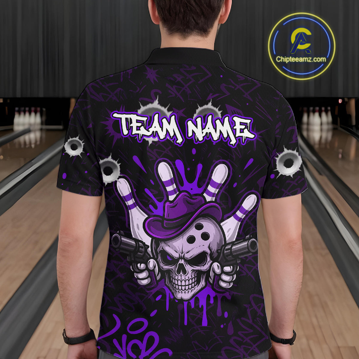 Man wearing black and purple funny cowboy skull bowling team jersey polo shirt featuring cowboy skull artwork, back view.