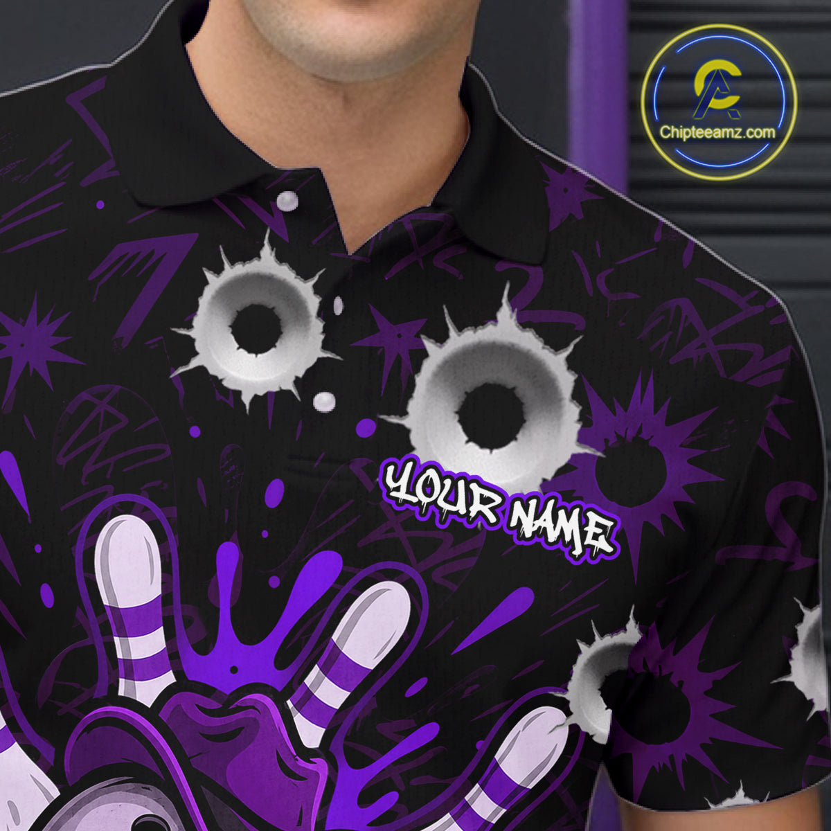 Close-up of black and purple funny cowboy skull bowling team jersey polo shirt featuring collar, buttons and cowboy skull artwork.