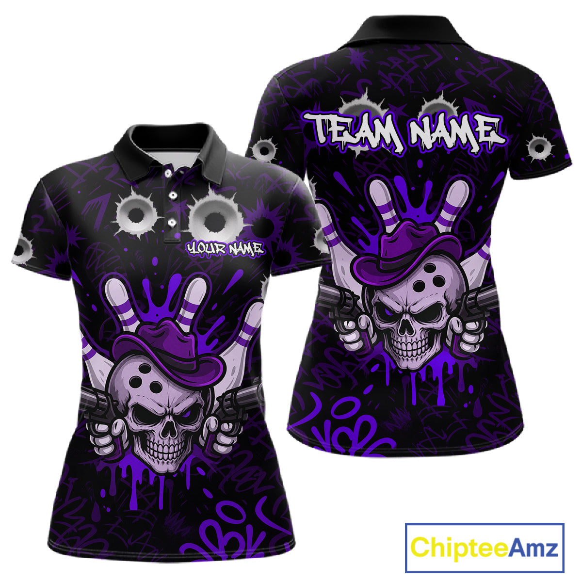 Black and purple funny cowboy skull bowling team jersey polo shirt for women featuring a cowboy skull bowling design, premium custom bowling league apparel for tournaments and team play.