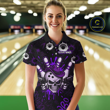 Woman wearing black and purple funny cowboy skull bowling team jersey polo shirt featuring cowboy skull artwork, front view.