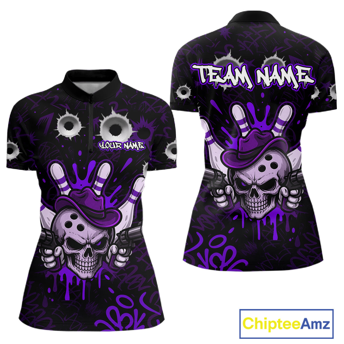 Black and purple funny cowboy skull bowling team jersey quarter zip shirt for women featuring bold cowboy skull bowling artwork, premium custom bowling league apparel.