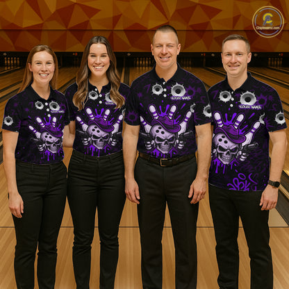 Bowling team wearing matching black and purple funny cowboy skull bowling team jerseys, front view.