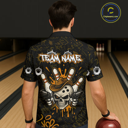 Man wearing black and orange funny cowboy skull bowling Hawaiian shirt featuring cowboy skull artwork, back view.